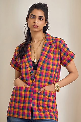 Multi-Colored Cotton Checkered Blazer by Maisolos