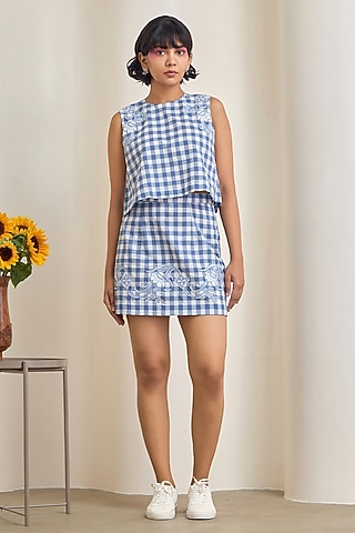 Blue & White Cotton Embroidered Co-Ord Set by Maisolos