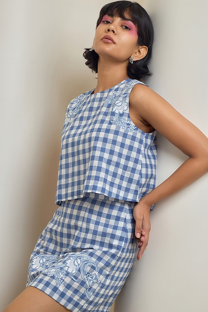 Blue & White Cotton Embroidered Co-Ord Set by Maisolos at Pernia's Pop Up Shop