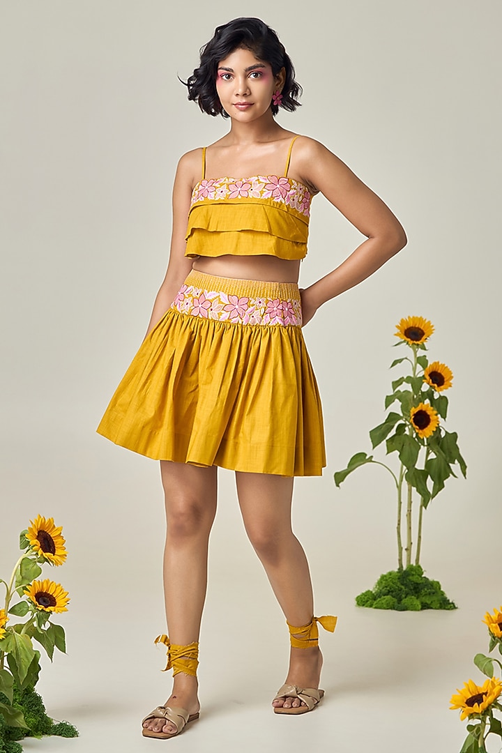 Mustard Cotton Linen Embroidered Co-Ord Set by Maisolos at Pernia's Pop Up Shop