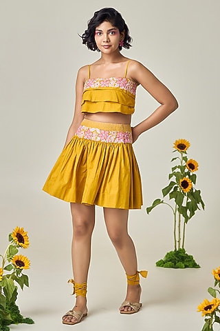 Mustard Cotton Linen Embroidered Co-Ord Set by Maisolos