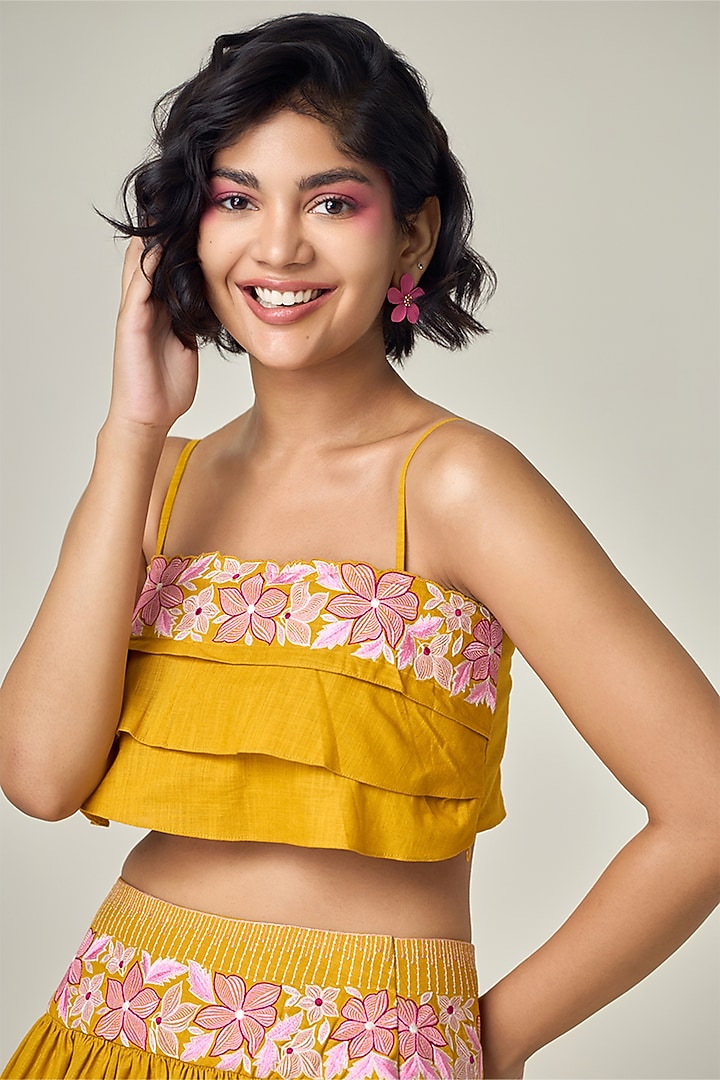 Mustard Cotton Linen Embroidered Co-Ord Set by Maisolos at Pernia's Pop Up Shop