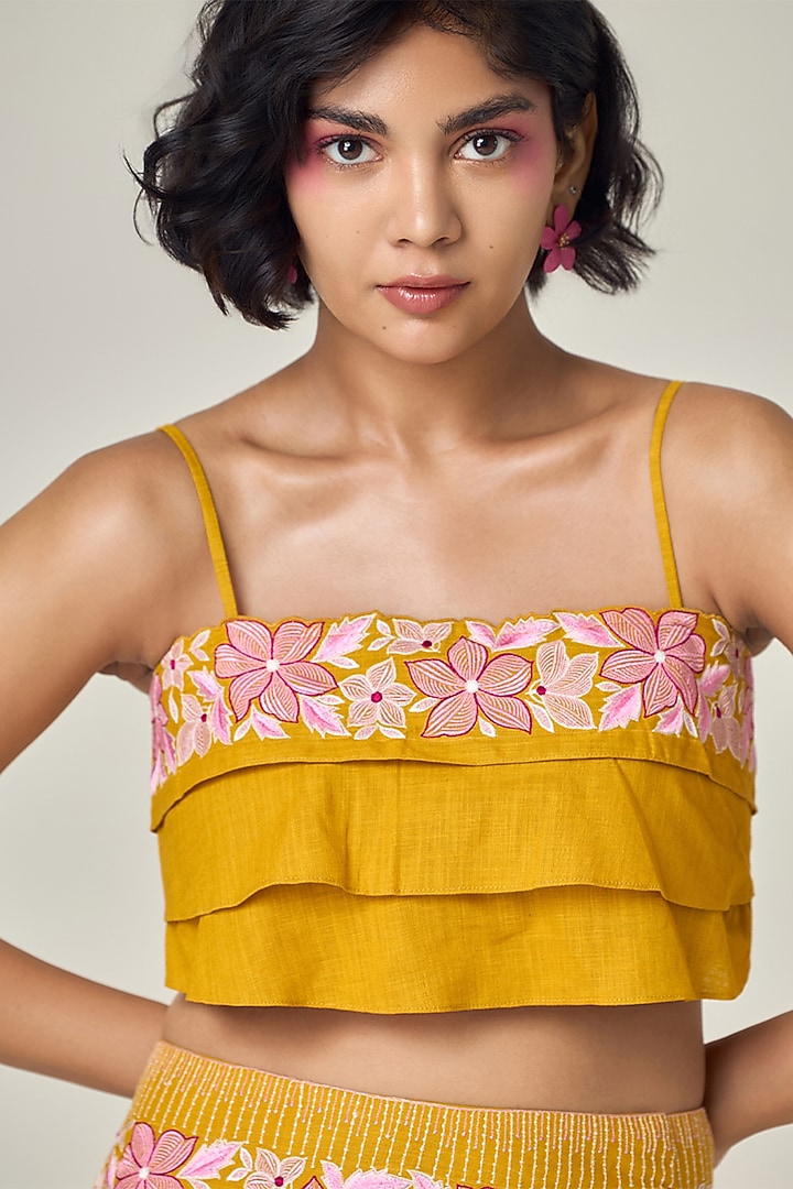 Mustard Cotton Linen Embroidered Co-Ord Set by Maisolos at Pernia's Pop Up Shop