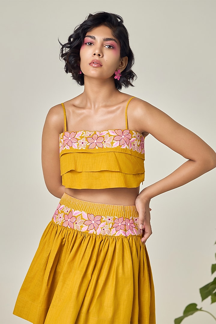 Mustard Cotton Linen Embroidered Co-Ord Set by Maisolos at Pernia's Pop Up Shop