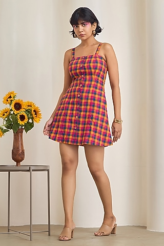 Multi-Colored Cotton Checkered Mini Dress by Maisolos