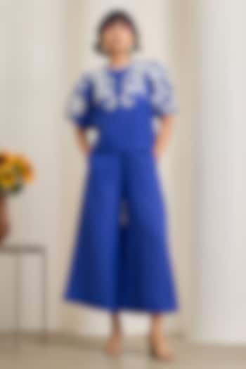Blue Cotton Linen Embroidered Co-Ord Set by Maisolos at Pernia's Pop Up Shop