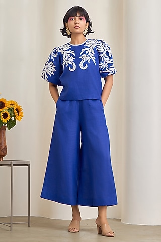 Blue Cotton Linen Embroidered Co-Ord Set by Maisolos