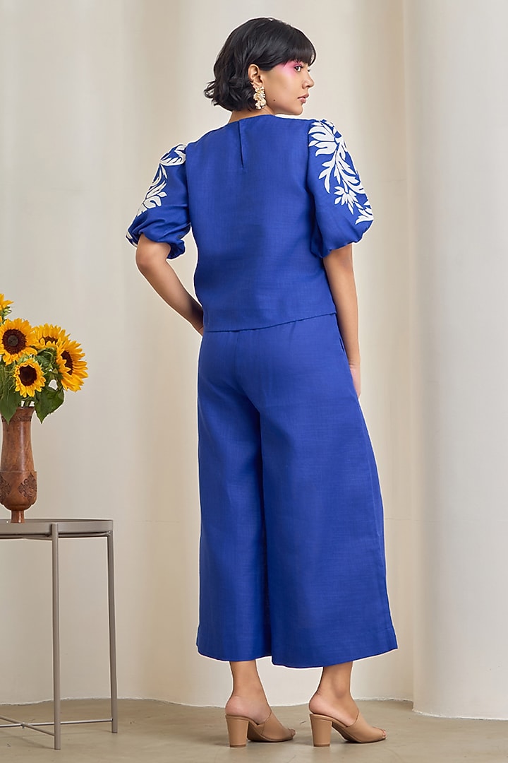 Blue Cotton Linen Embroidered Co-Ord Set by Maisolos at Pernia's Pop Up Shop
