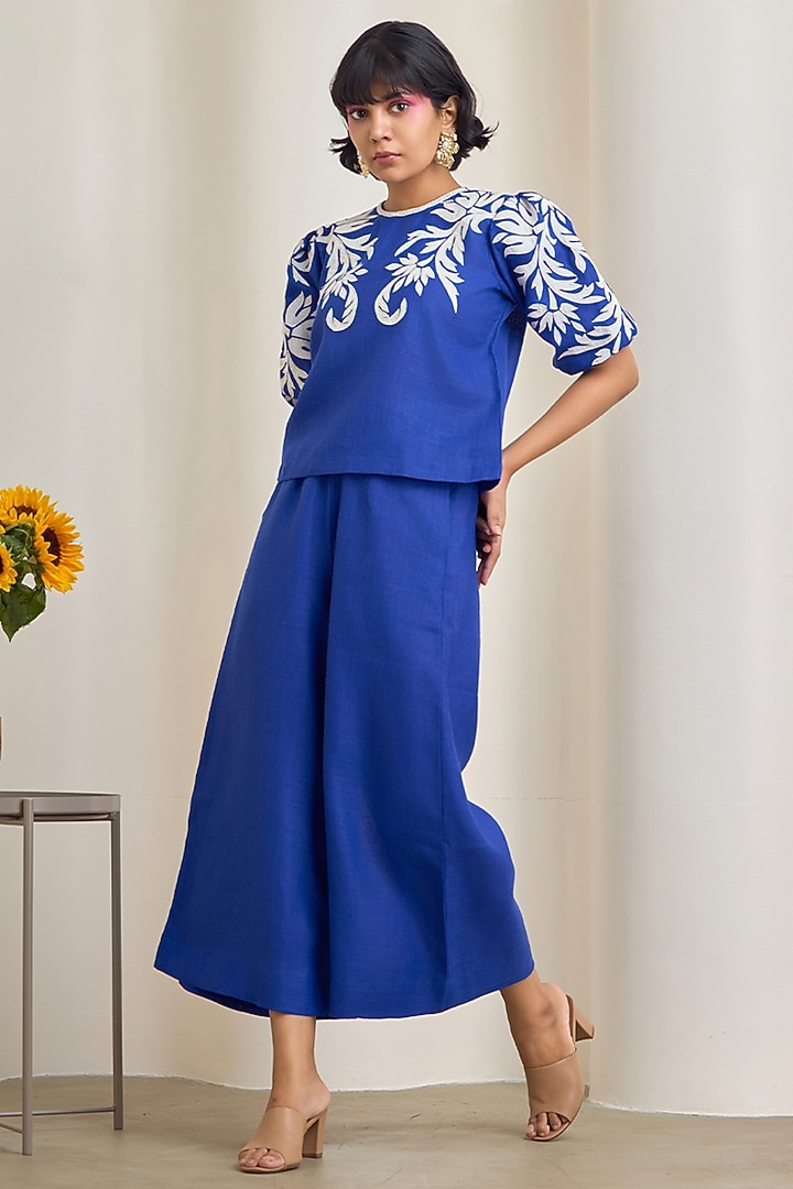 Blue Cotton Linen Embroidered Co-Ord Set by Maisolos at Pernia's Pop Up Shop