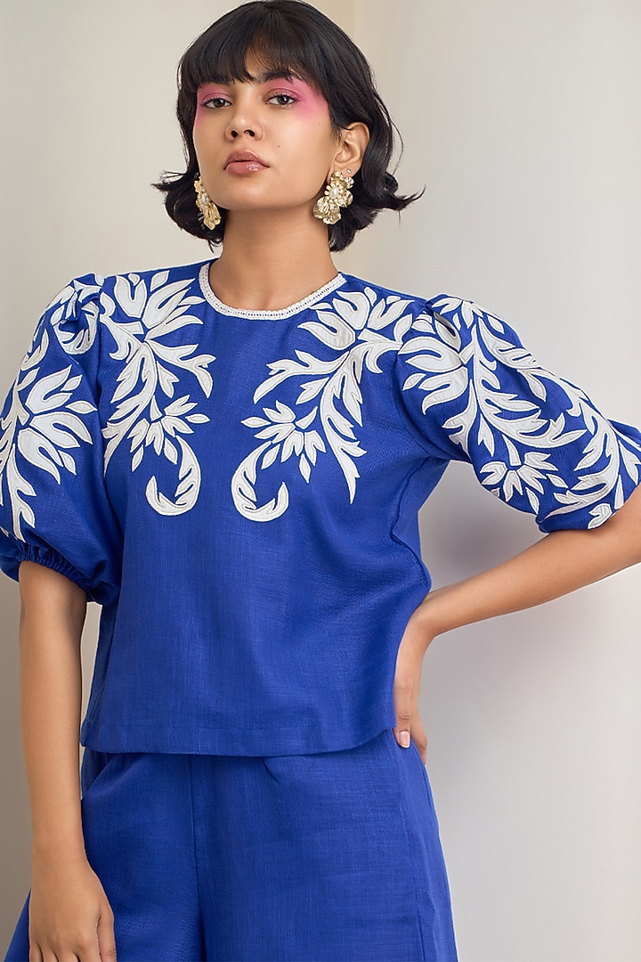 Blue Cotton Linen Embroidered Co-Ord Set by Maisolos at Pernia's Pop Up Shop