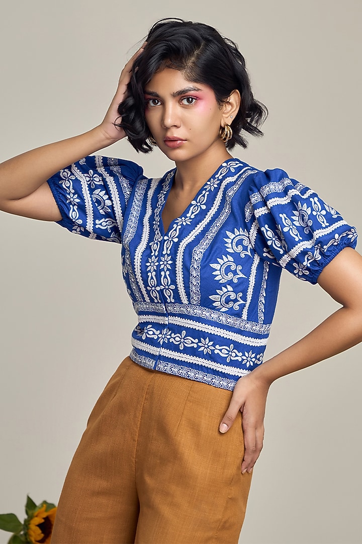 Blue Cotton Linen Top by Maisolos at Pernia's Pop Up Shop