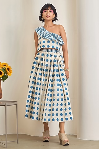 Blue & White Cotton Printed Skirt Set by Maisolos