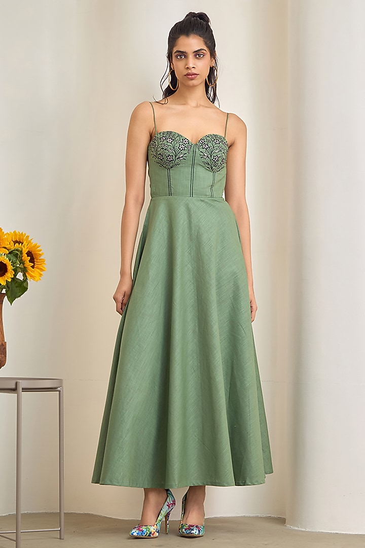 Sage Green Cotton Linen Embroidered Summer Dress by Maisolos at Pernia's Pop Up Shop