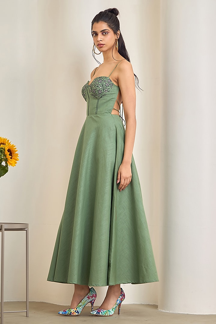 Sage Green Cotton Linen Embroidered Summer Dress by Maisolos at Pernia's Pop Up Shop
