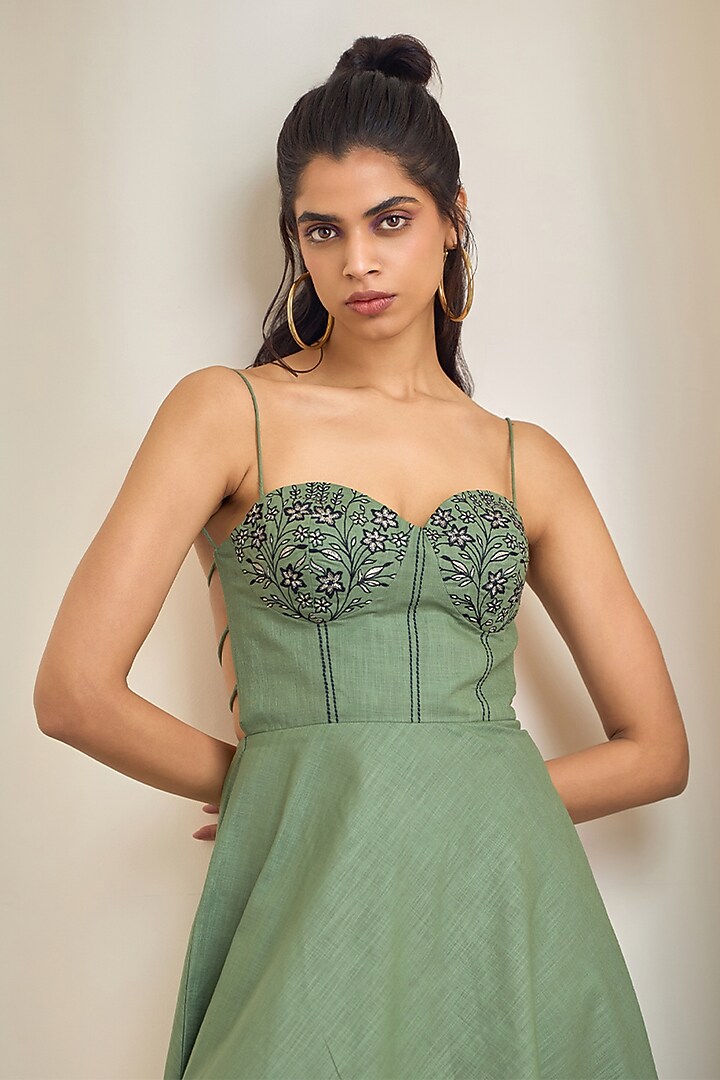 Sage Green Cotton Linen Embroidered Summer Dress by Maisolos at Pernia's Pop Up Shop