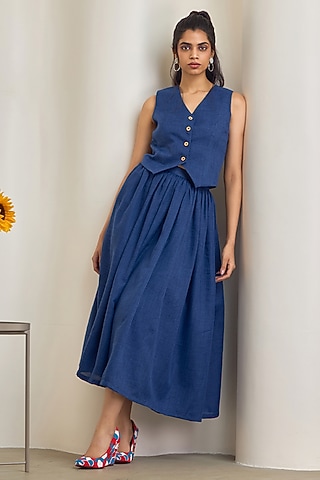 Navy Blue Jute Linen Co-Ord Set by Maisolos
