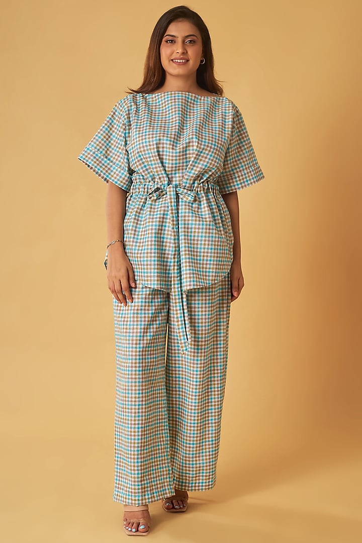 Blue Linen Checkered Printed Co-Ord Set by Maisolos