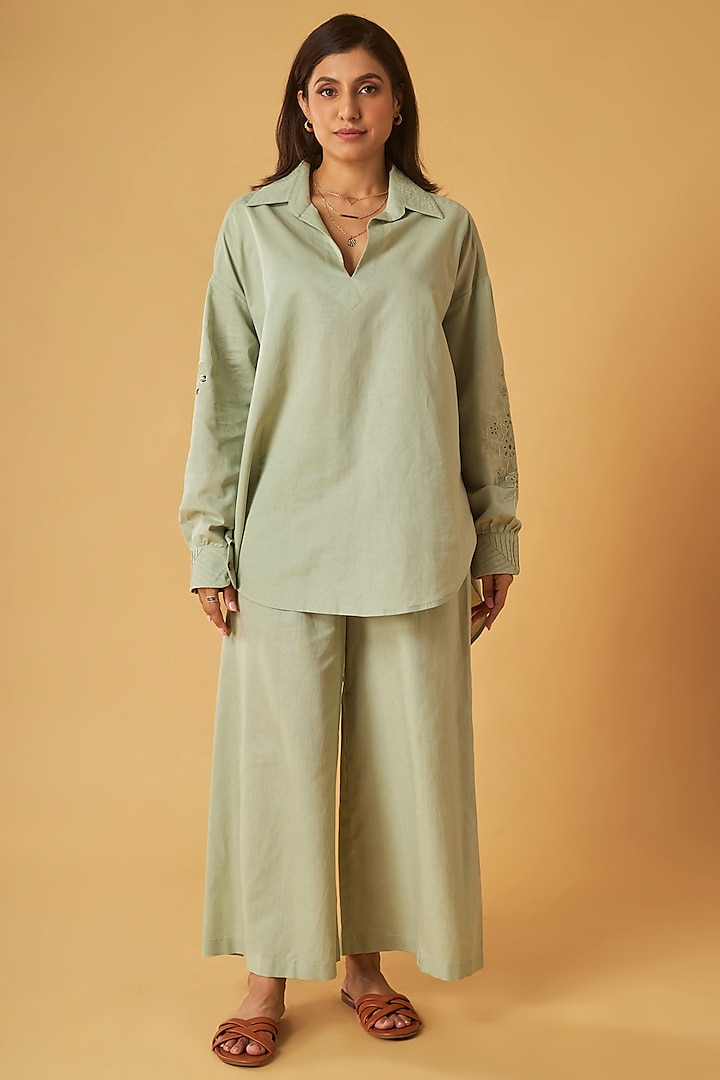 Sage Green Linen Cutwork Embroidered Co-Ord Set by Maisolos