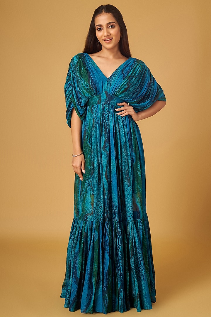 Blue Chiffon Abstract Printed Maxi Dress by Maisolos at Pernia's Pop Up Shop