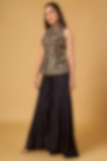 Black Velvet Zari Embroidered Peplum Jacket Set by Maisolos at Pernia's Pop Up Shop