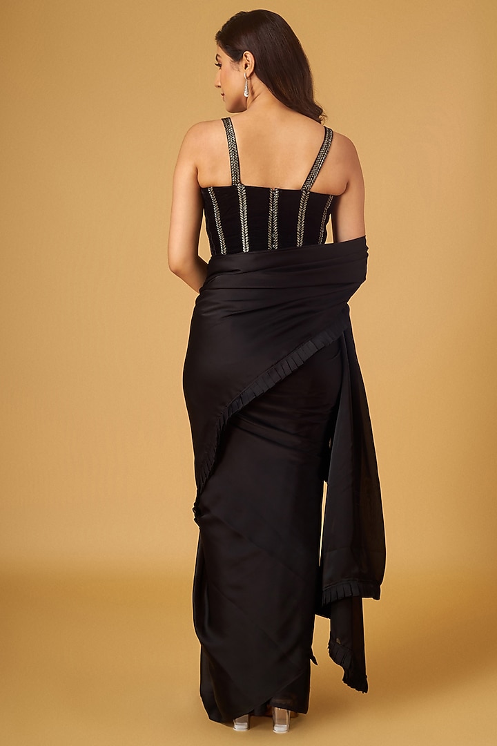 Black Satin Georgette Pre-Stitched Party Wear Saree Set by Maisolos at Pernia's Pop Up Shop