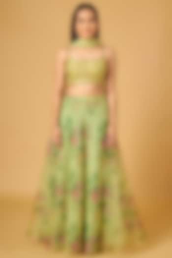 Green Organza Floral Printed & Sequins Embroidered Wedding Lehenga Set by Maisolos at Pernia's Pop Up Shop
