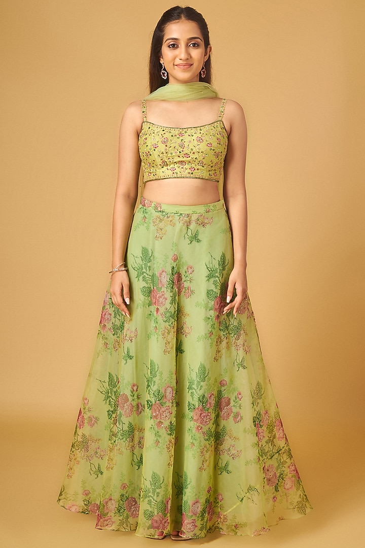 Green Organza Floral Printed & Sequins Embroidered Wedding Lehenga Set by Maisolos at Pernia's Pop Up Shop