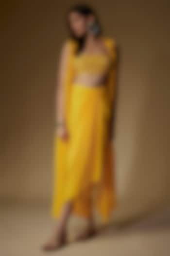 Yellow Georgette Draped Skirt Set by Maisolos