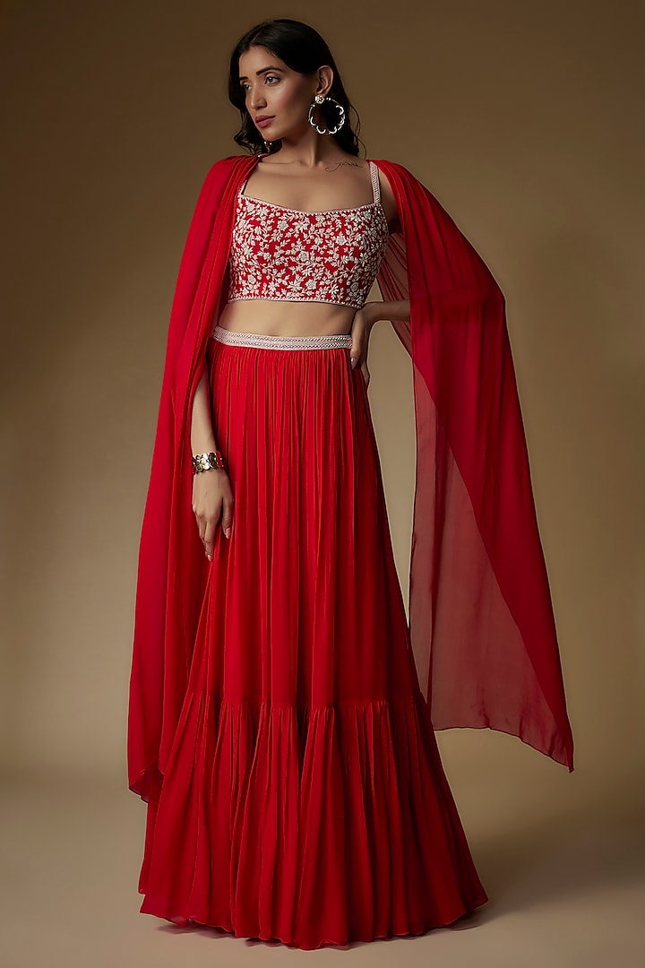 Red Georgette Lehenga Set by Maisolos