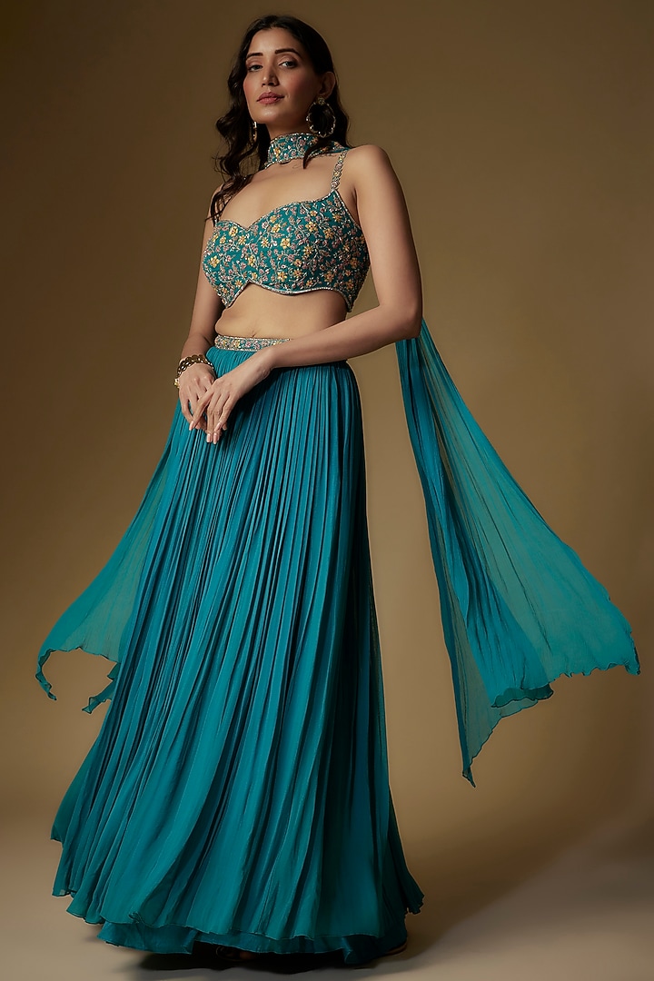 Teal Georgette Thread Embroidered Wedding Lehenga Set by Maisolos at Pernia's Pop Up Shop