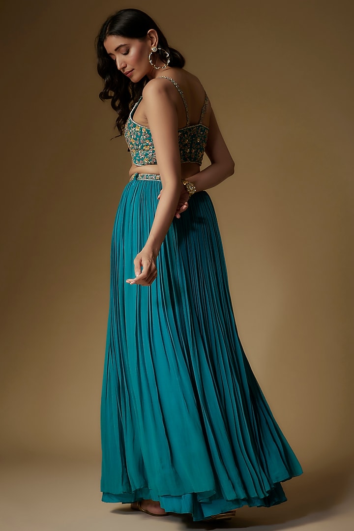Teal Georgette Thread Embroidered Wedding Lehenga Set by Maisolos at Pernia's Pop Up Shop