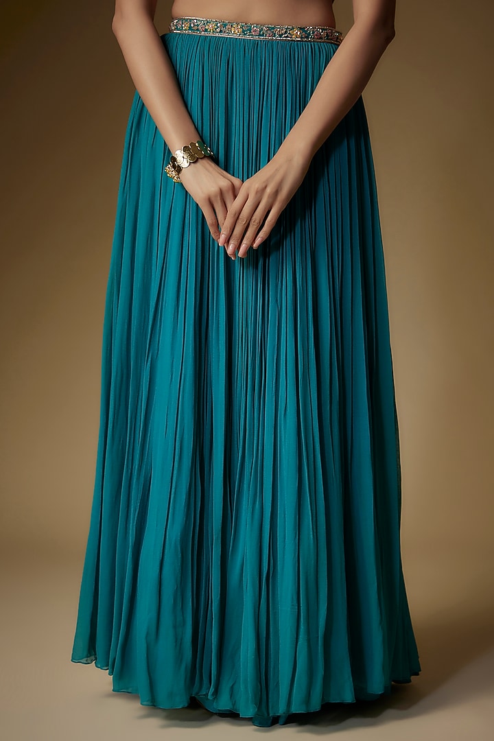 Teal Georgette Thread Embroidered Wedding Lehenga Set by Maisolos at Pernia's Pop Up Shop