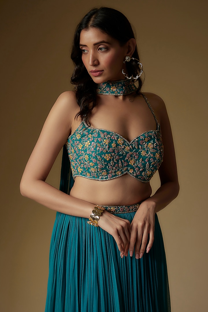 Teal Georgette Thread Embroidered Wedding Lehenga Set by Maisolos at Pernia's Pop Up Shop