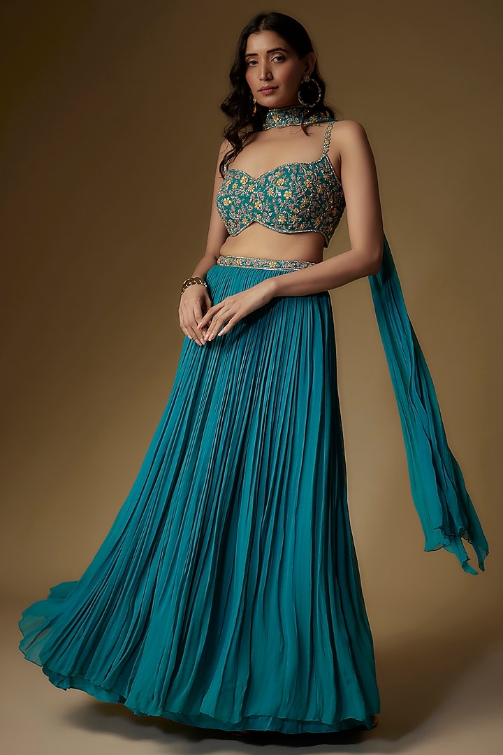 Teal Georgette Thread Embroidered Wedding Lehenga Set by Maisolos at Pernia's Pop Up Shop