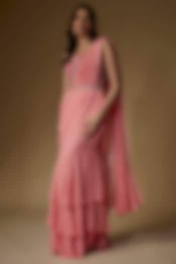 Old Rose Georgette Draped Wedding Saree Set by Maisolos at Pernia's Pop Up Shop