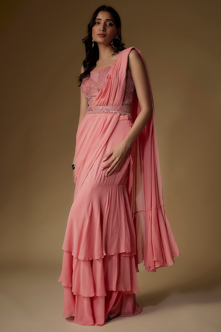 Old Rose Georgette Draped Wedding Saree Set by Maisolos at Pernia's Pop Up Shop