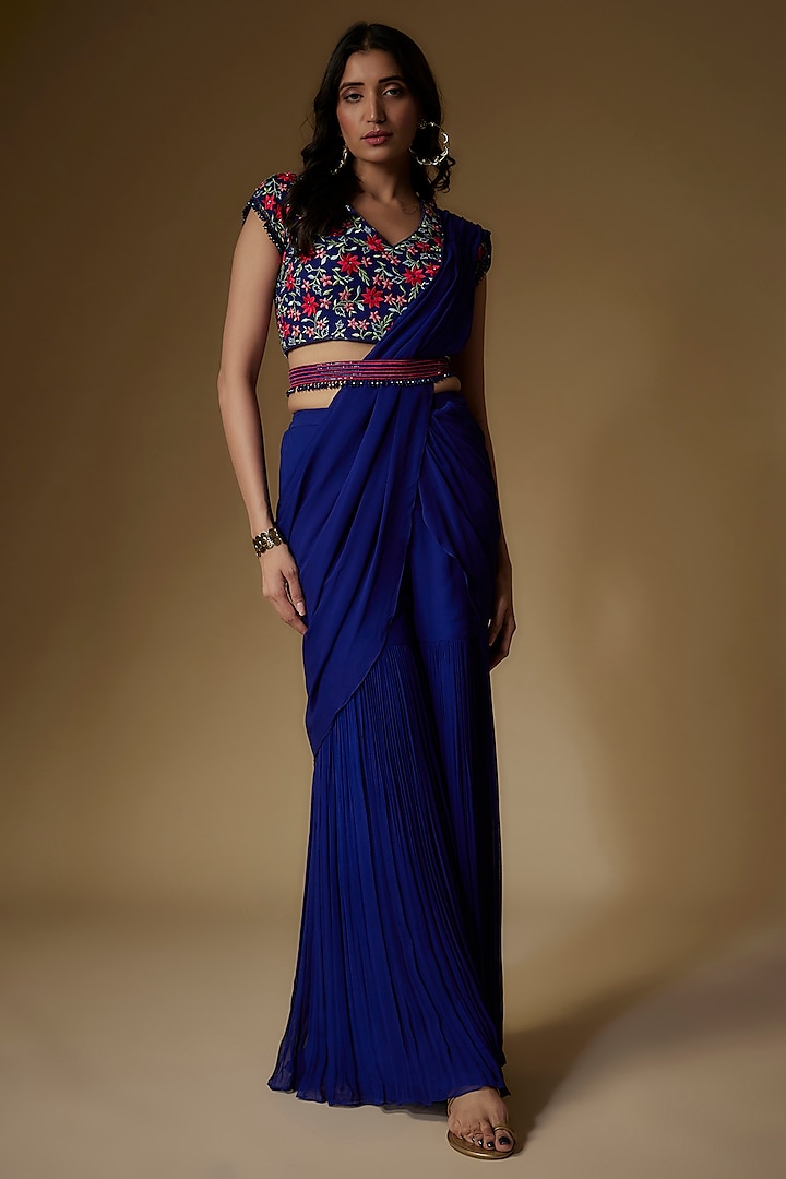 Navy Blue Georgette Draped Gharara Set by Maisolos