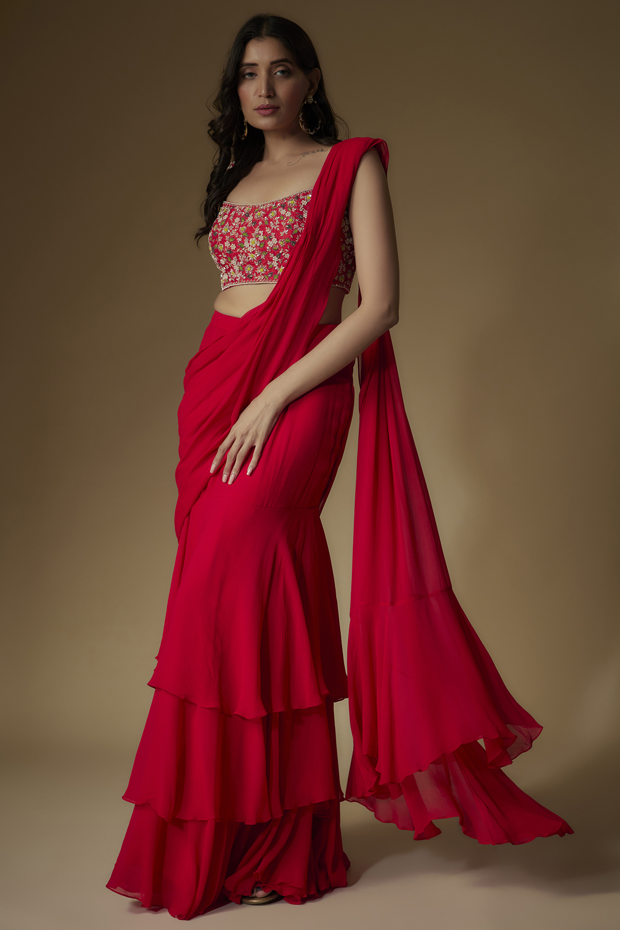 Red Georgette Draped Wedding Saree Set by Maisolos at Pernia's Pop Up Shop