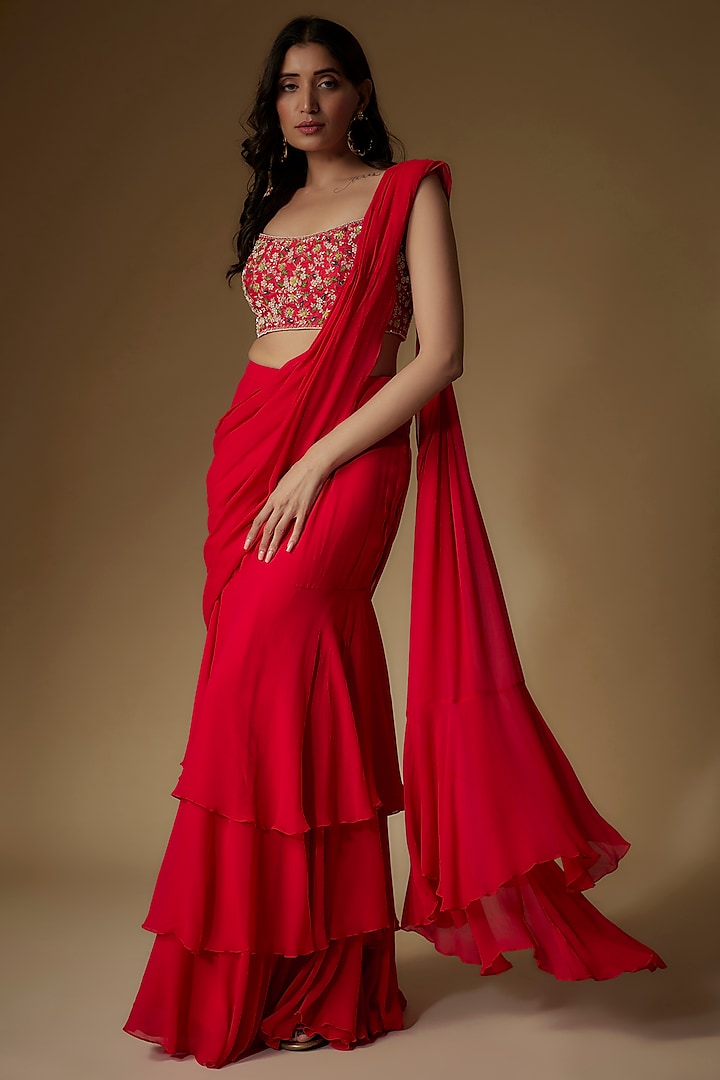 Red Georgette Draped Wedding Saree Set by Maisolos at Pernia's Pop Up Shop