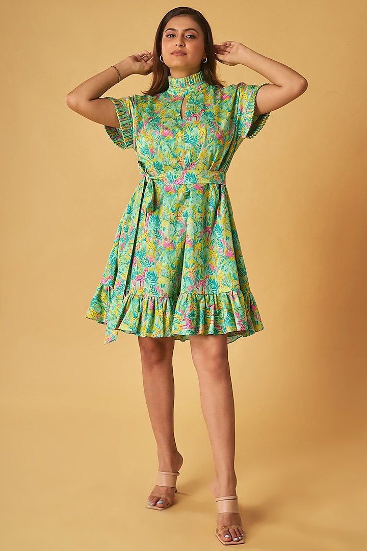 Green Cotton Printed Ruffle Dress by Maisolos