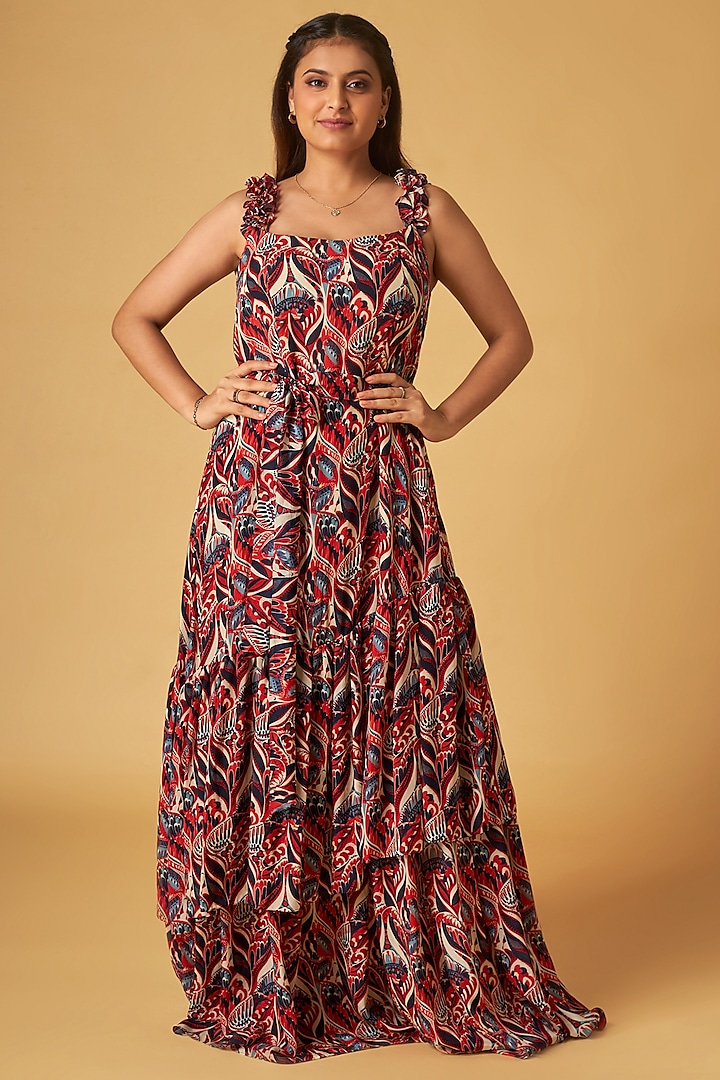 Rust Crepe Abstract Printed Maxi Dress by Maisolos