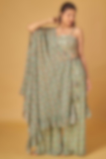 Green Georgette Printed Draped Cape Set by Maisolos