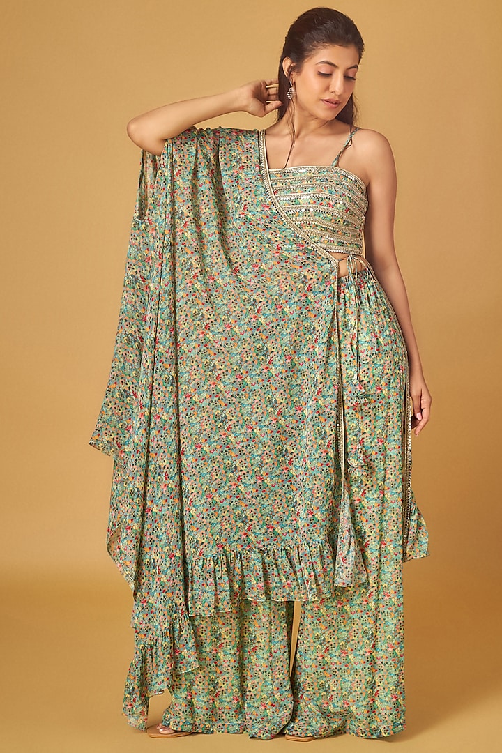 Green Georgette Printed Draped Cape Set by Maisolos