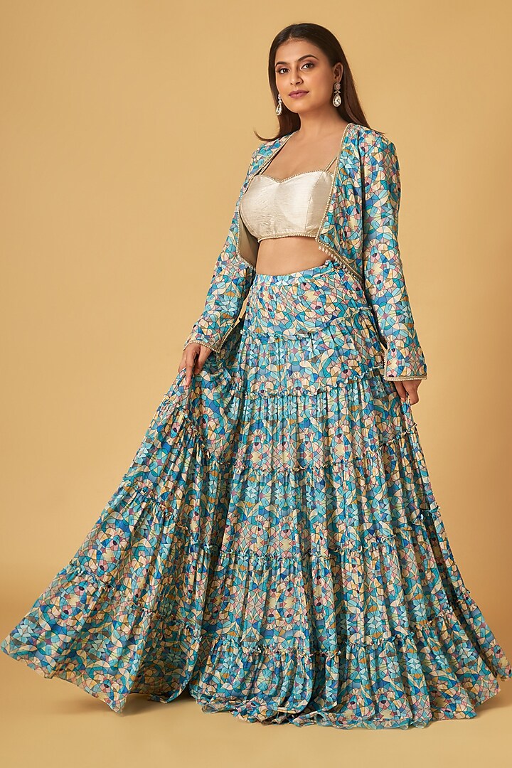 Blue Georgette Stainglass Printed Skirt Set by Maisolos