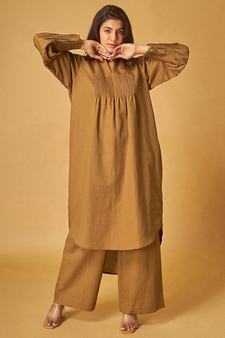Gold Brown Linen Tunic Set by Maisolos at Pernia's Pop Up Shop