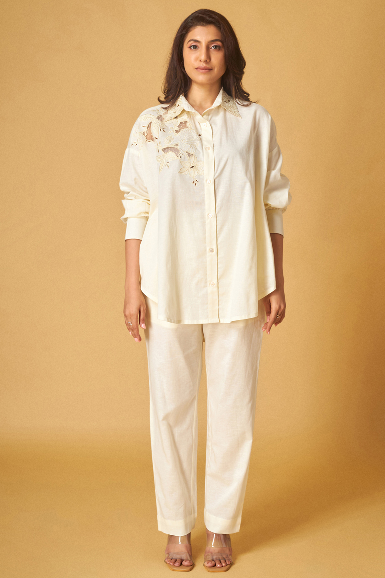 Ivory Linen Cutwork Embroidered Co-Ord Set by Maisolos at Pernia's Pop Up Shop