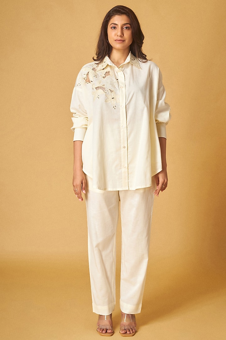 Ivory Linen Cutwork Embroidered Co-Ord Set by Maisolos at Pernia's Pop Up Shop
