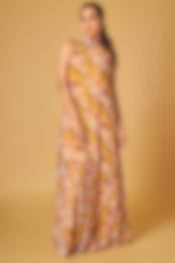 Mustard Georgette Floral Printed Maxi Dress by Maisolos