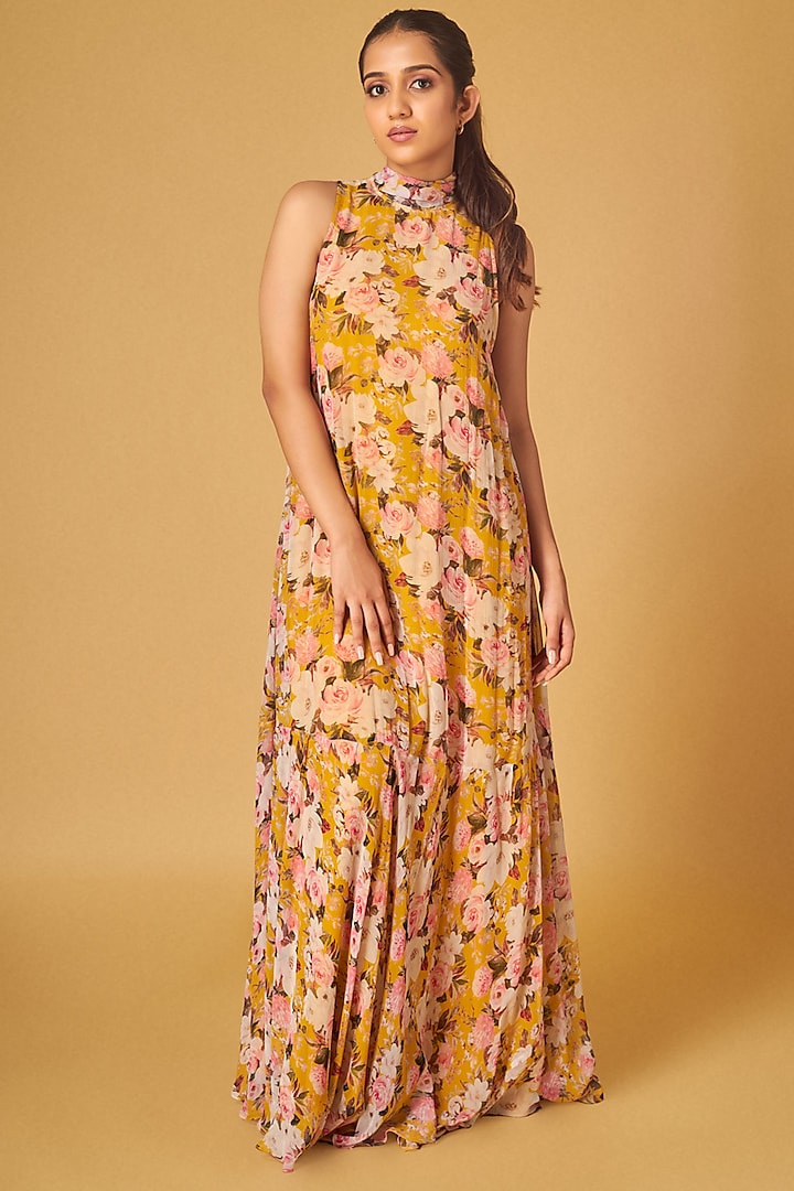 Mustard Georgette Floral Printed Maxi Dress by Maisolos
