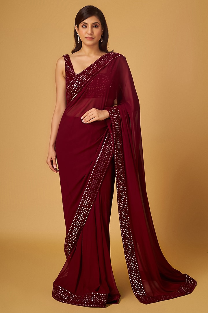 Maroon Georgette Abla Embroidered Saree Set by Maisolos